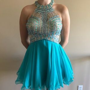 Teal high neck iNtrigue prom dress